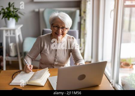 Ältere Frau mit Laptop zu Hause Stockfoto