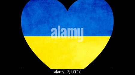 Illustration eines Herzens aus blauer und gelber ukrainischer Flagge auf schwarzem Hintergrund in flachem Stil. Stockfoto