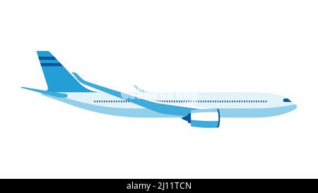 Flugzeug auf weißem Hintergrund. Seitenansicht. Konzept von Reisen, Urlaub, Fliegen, Luftfahrt. Vektorgrafik im modernen Stil mit Kopierfläche. Stock Vektor