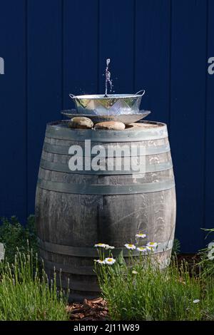 In einem rustikalen Weinfass befindet sich ein Vogelbadebrunnen in der Mitte eines Gartens. An einem hellen Sommertag sprüht das Wasser erfrischend. Stockfoto