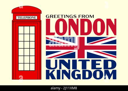 Grüße aus London, Großbritannien, mit der Union Jack Wohnung und einer roten Telefonzelle Stock Vektor