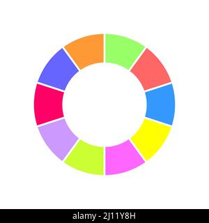 Ringdiagramm. Buntes Kreisdiagramm, das in 10 Teile unterteilt ist. Infografik-Radsymbol. Runder Schnitt in zehn gleichen Segmenten isoliert auf weißem Hintergrund. Vektorgrafik flach Stock Vektor