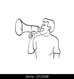 Halbe Länge des Menschen mit Megaphon Illustration Vektor Hand gezeichnet isoliert auf weißem Hintergrund Linie Kunst. Stock Vektor