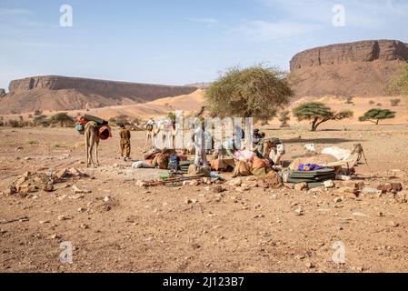 Mauretanische Männer, die eine Karawane von Touristen für einen langen Kreuzungsausflug in der Region Adrar, Mauretanien, organisierten Stockfoto