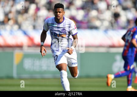 Tokio, Japan. 12. März 2022. Sanfrecce Hiroshimas Junior Santos beim Ligaspiel 2022 J1 zwischen dem FC Tokyo 2-1 Sanfrecce Hiroshima im Ajinomoto-Stadion in Tokio, Japan, 12. März 2022. Quelle: AFLO/Alamy Live News Stockfoto