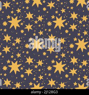Nahtloses Vektor-Muster in Form von goldenen Sternen auf dunklem Hintergrund. Freihand-Zeichenstil. Vektor nahtloses Muster mit Sternen. Stock Vektor