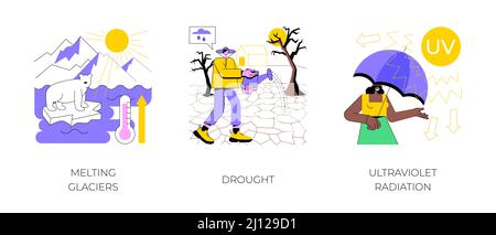 Abstraktes Konzept der globalen Erwärmung als Vektorgrafik. Schmelzende Gletscher, Dürre, ultraviolette Strahlung, Erhöhung des Meeresspiegels, Naturkatastrophe, Extreme Wetterbedingungen, UV-Strahlen abstrakte Metapher. Stock Vektor