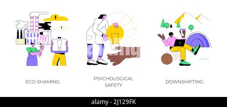 Soziale Angst abstraktes Konzept Vektor Illustration Set. Öko-Shaming, psychologische Sicherheit, Herunterschalten, einfaches Wohnen, minimaler Lebensstil, Flucht, Internet-Shaming, Propaganda abstrakte Metapher. Stock Vektor