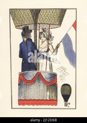 Zweite Ballonbesteigung von Dr. Andre-Jacques Garnerin mit Citizen Henri im Parc Monceau, Paris, 8. Juli 1798. Seconde Ascension du Physicien Garnerin avec le Citoyenne Henri au Parc de Mousseaux, le 5 Thermidor an 6. Kopiert aus Le Journal des Dames et des Modes, an VI, Ergänzung zu Costumes Parisiens. Handkolorierte Chorlithographie von Marcel Bry aus Raymonde Sees Le Costume de la Revolution a nos Jours, Editions de la Gazette des Beaux-Arts, Paris, 1929. Stockfoto