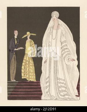 Hochzeitskleid von Jeanne Lanvin, 1924. Braut in weißem Kleid und Turban mit Perlen verziert, langer Gaze Schleier. Hymenee, Jeanne Lanvin. Von La Gazette du Bon Ton, 1924. Handkolorierte Chorlithographie von Marcel Bry aus Raymonde Sees Le Costume de la Revolution a nos Jours, Editions de la Gazette des Beaux-Arts, Paris, 1929. Stockfoto