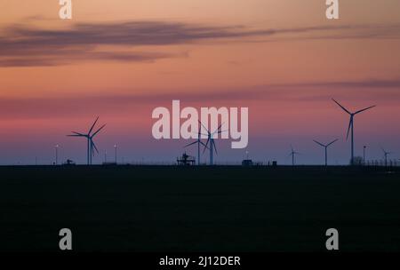 21. März 2022, Sachsen-Anhalt, Bad Lauchstädt: Windturbinen rotieren hinter den Oberflächenanlagen eines unterirdischen Gasspeichers der VNG AG. Hier wird das Gas in großen Hohlräumen (Kavernen) im Salzturm oder in porösem Gestein gespeichert. Die Diskussion über einen Stopp des russischen Gasangebots lässt nicht nach. Foto: Jan Woitas/dpa-Zentralbild/dpa Stockfoto