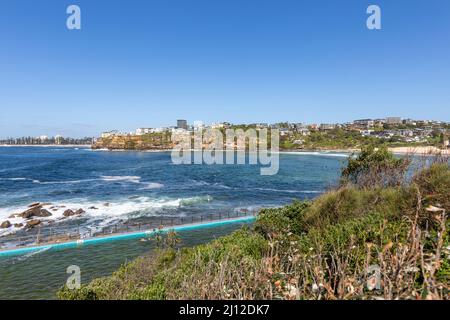 Freshwater Beach Pool und Blick auf die Queenscliff Landzunge und ich in der Nähe von Manly Beach, Sydney, NSW, Australien Stockfoto