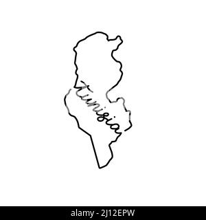 Tunesien skizzieren Karte mit dem handschriftlichen Namen des Landes. Kontinuierliche Linienzeichnung des patriotischen Heimatzeichens. Eine Liebe für eine kleine Heimat. Idee mit T-Shirt-Druck Stock Vektor