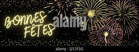 Happy Holidays Glow Illustration in französischer Sprache mit Feuerwerk Stockfoto