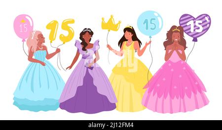 Quinceanera, Geburtstagsfeier mit hübschen Mädchen, teen weibliche Charaktere in Prinzessin Kleider Stock Vektor