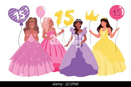 Cartoon teen weibliche Charaktere in lila oder rosa Kleidern, Prinzessin Tiara und Krone, hält Ballons mit der Zahl 15 isoliert auf weiß. Geburtstagsfeier Stock Vektor
