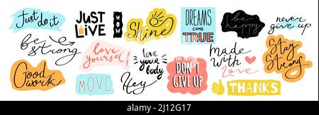 Gib niemals auf, liebe dich selbst, sei stark, sei glücklich isoliert auf Weiß. Inspirierender Slogan als Vektorgrafik. Handschriftliche kalligrafische Zitate und Stock Vektor