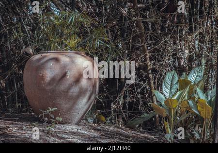 Alte große irdenen Glas oder große Vintage Tonglas für die Wasserspeicherung auf dem Boden im Garten mit viel grüner Baum Natur. Selektiver Fokus. Stockfoto