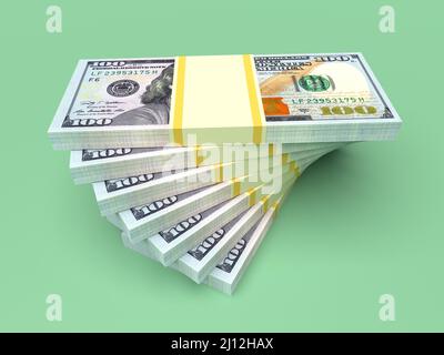 Große Geldstapel aus Dollar. Konzept der US-Dollar-Finanzierung. 3D Rendern Stockfoto