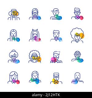 Menschen Profil Bilder Spaß geometrische Farbe Symbole gesetzt. Vielfalt an Haaren, Geschlecht und Alter. Pixel-perfekte, bearbeitbare Kontursymbole Stock Vektor