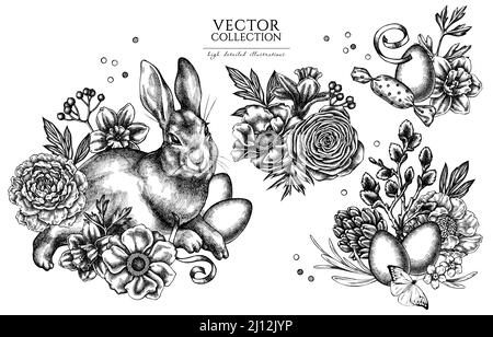 Ostern Vintage Illustrationen Kollektion. Handgezeichnete Logodesigns mit Kaninchen, Eiern, Weidenzweigen usw. Stock Vektor