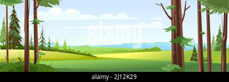 Panoramablick vom Nadelwald auf ländliche Felder. Schöne Sommerlandschaft mit Bäumen. Grüne Kiefern und aß. Illustration im Cartoon-Stil Stock Vektor