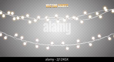 Weihnachtslichter auf transparentem Hintergrund isoliert. Set von Weihnachten glühende Girlande. Vektorgrafik Stock Vektor