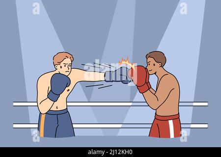 Boxermänner in Handschuhen kämpfen am quadratischen Ring. Starke mächtige Sportler oder Kämpfer treten beim Muay Thai Boxwettbewerb gegen Stanzen an. Kampfsportkonzept. Flache Vektorgrafik. Stock Vektor