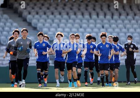 Sydney, Australien. 21. März 2022. Japan Team Group Football/Japan National Team während eines Trainings vor der FIFA WM Katar 2022 Asian Qualifier FINALE Runde Gruppe B Spiel gegen Australien im Netstrata Jubilee Stadium in Sydney, Australien . Quelle: AFLO/Alamy Live News Stockfoto