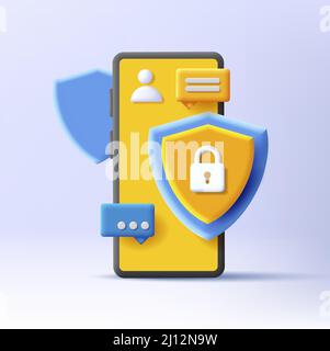 3D Darstellung eines Smartphones mit Schild und Nachrichten, ein Konzept von Sicherheit und Privatsphäre, sicherer Chat, Schutz Stock Vektor