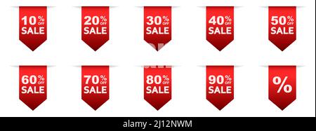 Rabattband. Set aus roten Shopping-Tag-Bändern. Sammlung von Einkaufsbändern mit Rabatten von 10 bis 90 Prozent. Vector-Verkaufssymbol. Stock Vektor
