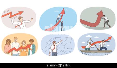 Sammlung von verschiedenen Geschäftsleuten mit Pfeilen, die für ein gutes Geschäftsergebnis oder eine Beförderung motiviert sind. Gruppe von Mitarbeitern wächst die Wirtschaft. Zielerreichung und Erfolg. Vektorgrafik. Stock Vektor