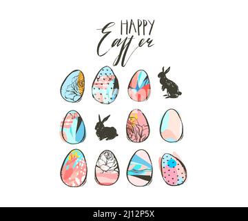 Handgezeichneter Vektor abstrakte Grafik skandinavische Collage Happy Easter einfache Hase Silhouette, Eier Illustrationen Grußkarte und Happy Easter Stock Vektor