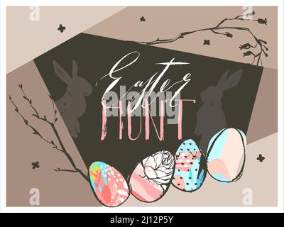 Hand gezeichnet Vektor abstrakt Grafik skandinavische Collage Happy Easter niedlich einfache Hase Silhouette, Eier Illustrationen Grußkarte und Osterjagd Stock Vektor