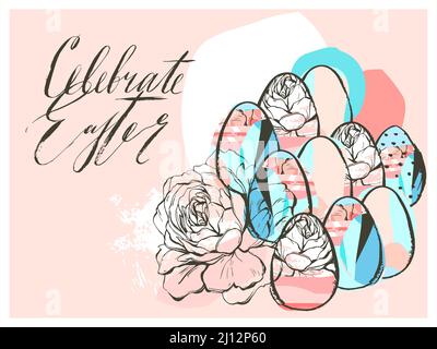 Handgezeichneter Vektor abstrakte Grafik skandinavische Collage Happy Easter einfache Eier, Blumen Illustrationen Grußkarte und feiern Ostern handgeschrieben Stock Vektor