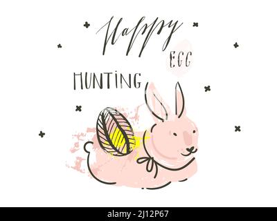Handgezeichneter Vektor abstrakt moderne Grafik skandinavische Collage Happy Easter einfache Hase, Eier Illustrationen Grußkarte und Happy Egg Jagd Stock Vektor