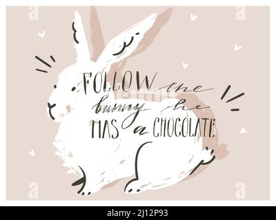 Handgezeichneter Vektor abstrakte skandinavische Collage Happy Easter Bunny Silhouette Illustrationen Grußkarte und handschriftliche Kalligraphie Folgen Sie dem Hasen Stock Vektor