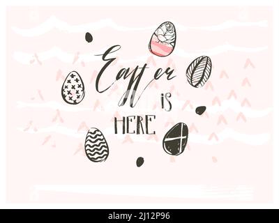 Handgezeichnete Vektor abstrakte Grafik skandinavische Collage Happy Easter niedlich einfache Eier Illustrationen, Texturen Grußkarte und Ostern ist hier Stock Vektor