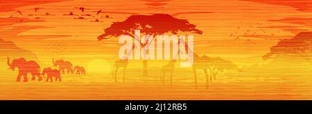 Afrikanische Savannenlandschaft bei Sonnenuntergang, Silhouetten von Tieren und Pflanzen, Natur Afrikas. Reservate und Nationalparks, orange Vektor Batik Hintergrund Stock Vektor