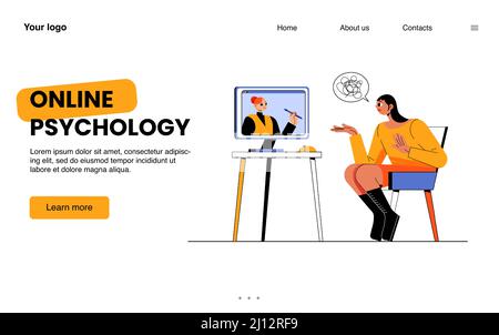 Online-Psychologie-Zielseite. Depressive Frau mit verworrenen Gedanken, die sich mit dem Therapeuten auf dem Computerbildschirm beraten hat. Entfernte geistige Helpline mit Psychologe, Cartoon flache Vektor-Linie Kunst Web-Banner Stock Vektor