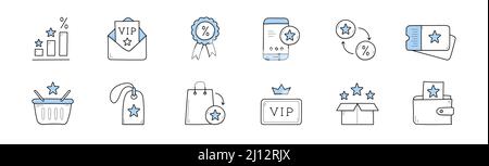 Symbole für das Treueprogramm, Kundenbelohnung, Bonus, Rabattkarte. Vector Handgezeichnete Zeichen für treue Kunden-Incentives, exklusive Vorteile und Geschenke für vip-Mitglieder Stock Vektor