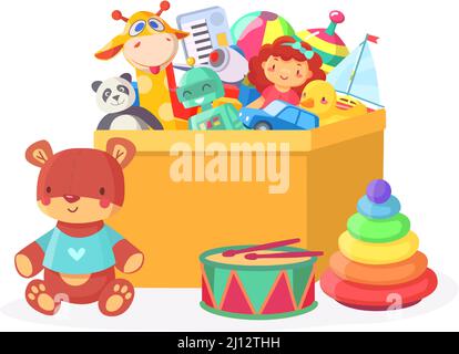Spielzeugkiste für Kinder. Cartoon-Roboter, puppe, Ball, Teddybär, Giraffe, Boot und Panda in Pappkarton für Spielzimmer Stock Vektor