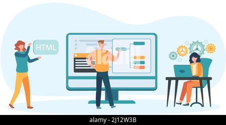 Programmierer und Designer entwickeln Website. Team arbeitet zusammen, um eine Internetseite zu erstellen. Softwareentwickler Stock Vektor