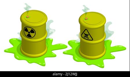 Isometrischer Metallschaft mit radioaktivem und chemischem Gefahrenschild. Lagerung und Entsorgung gefährlicher Stoffe. Realistischer 3D-Vektor isoliert auf Weiß Stock Vektor