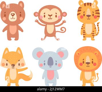 Niedliche Cartoon-Tiere. Wilde liebenswerte Charaktere mit lächelnden Gesichtern. Cartoon niedlichen Bären, Affen, Tiger, Fuchs, Koala und Löwe Stock Vektor