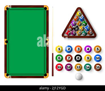 Billardtisch mit Taschen, Bällen, Triangle Rack und Queue. Realistische Snooker-Sportausrüstung, grüner Billardtisch Draufsicht und Ball-Vektor-Set Stock Vektor