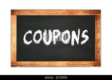 COUPONS Text auf schwarzem Holzrahmen Schule Tafel geschrieben. Stockfoto