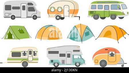 Cartoon Camping Wohnmobil Anhänger und Autos, Straße Wohnmobile und Zelte. Camp Caravan Fahrzeug für Natur Urlaub und Sommer Reise van Vektor-Set Stock Vektor