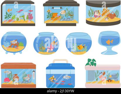 Cartoon-Aquarien mit Fischen, Korallen, Pflanzen und Dekor. Aquarium mit Unterwasser-Haustieren und Algen. Glas Fischschalen Vektor-Set Stock Vektor