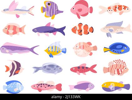 Dekorative Cartoon tropische Meer Korallenfische für das Aquarium. Clown, Löwe, Engel, Guppy und fliegende Fische. Ocean Unterwasser exotische Haustier Vektor-Set Stock Vektor